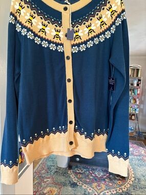 NWT Kiel James Patrick Navy and Mustard Bee Fair Isle Cardigan Sweater Size XL